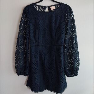 Sage + Paige Navy Pineapple Lace Design Open Keyhole Back Mini Dress